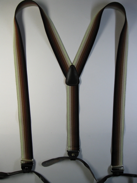STRIPES: YELLOW, KHAKI, RUSTY BROWN, DARK BROWN COLOR . Button On.  1 1/2"x 54" "Y" STYLE LEATHER ENDS SUSPENDERS. Entirely Stretchable Cotton/Polyester hand washable, hang to dry suspenders.               YB-PB130N54BROM